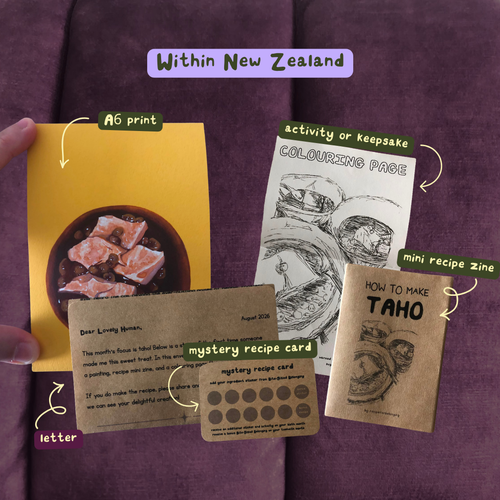 This is an example of snail mail contents including an A6 print with a food photo, a letter, a mini recipe zine, a coloring page, and one mystery recipe card. 